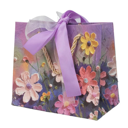 Pungi design pictură 3D cu mâner, fundă satinată și organza - mov (set 12 buc)