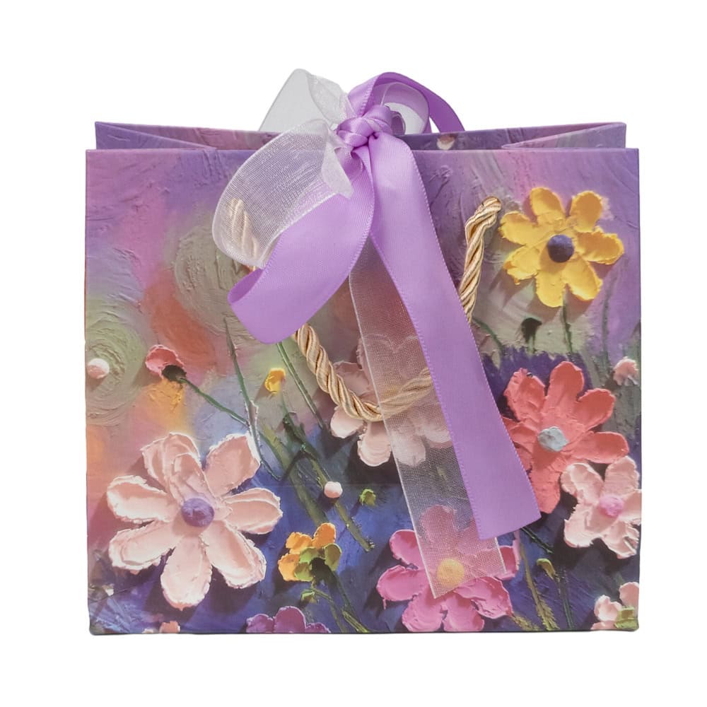 Pungi design pictură 3D cu mâner, fundă satinată și organza - mov (set 12 buc)