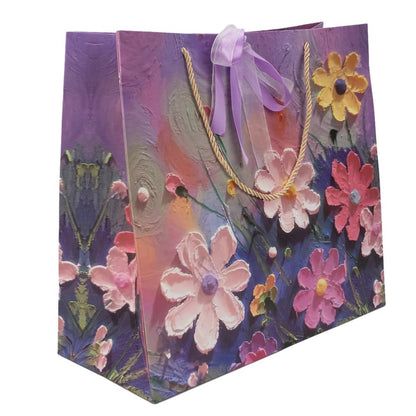 Pungi design pictură 3D cu mâner, fundă satinată și organza - mov (set 12 buc)