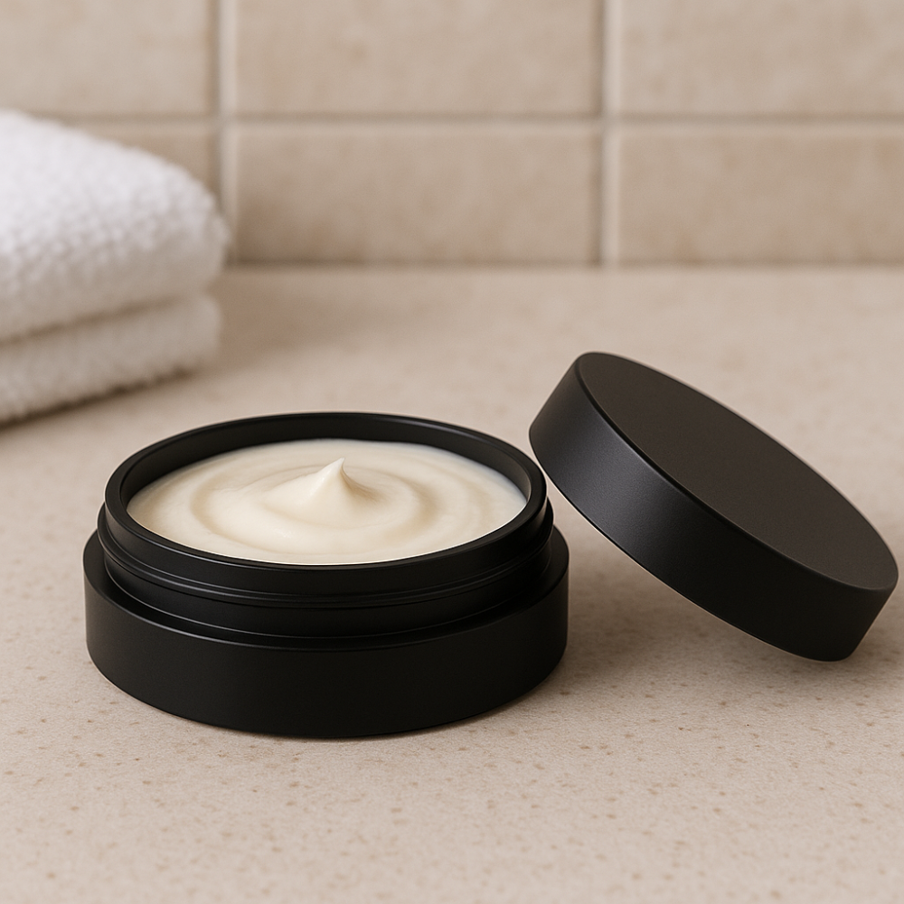 Recipient rotund plat negru mat cu capac 100ml