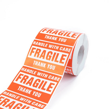 Rolă 500 stickere Fragile dreptunghiulare 5x7.5cm - model 2 (alb-rosu)