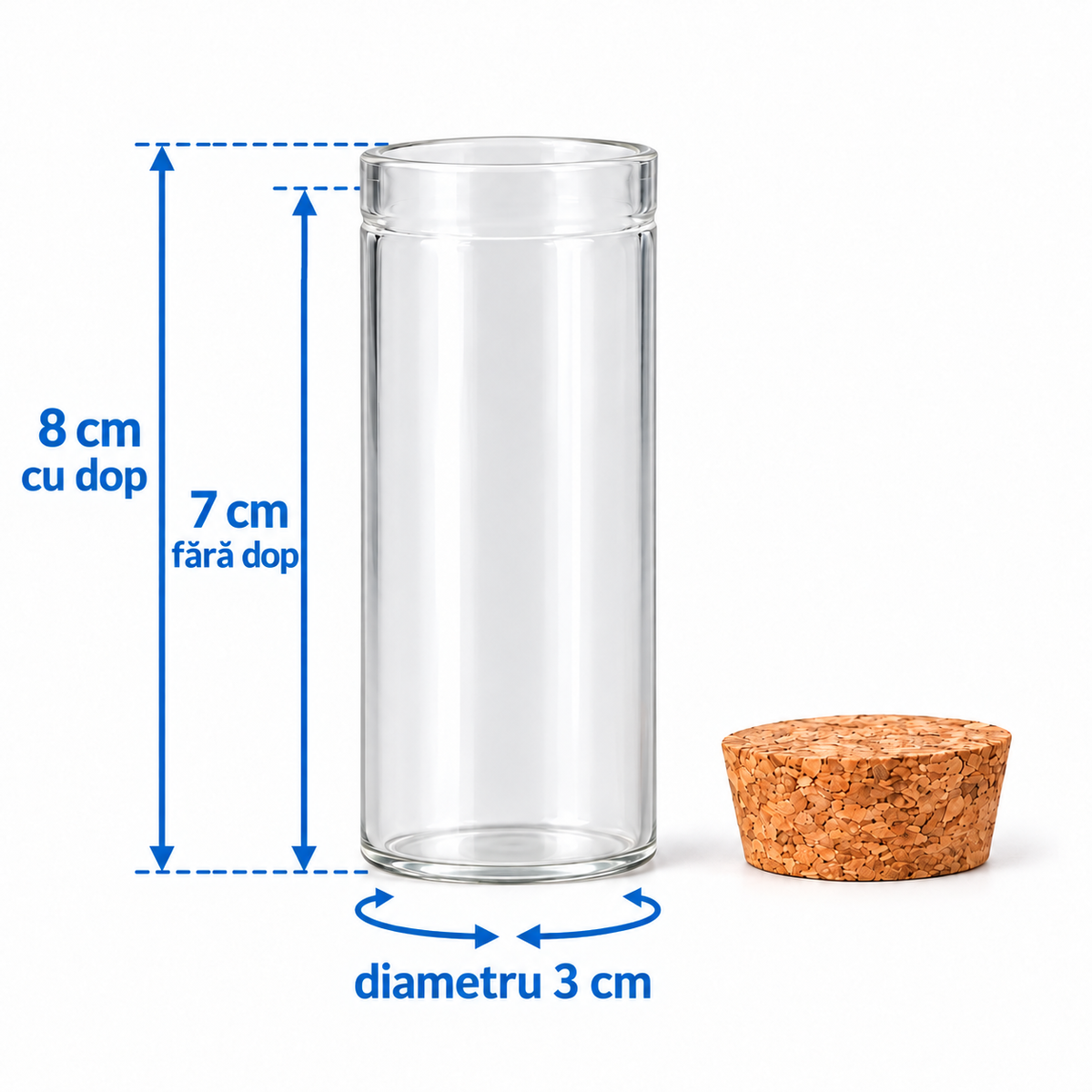 Sticluță din sticlă cu dop de plută 30 ml, dimensiuni