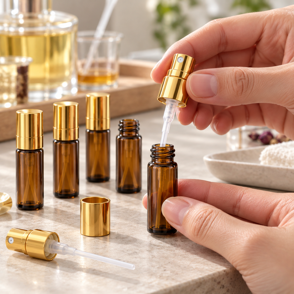 Sticluță ambră cu spray auriu 3 ml, exemplu de utilizare
