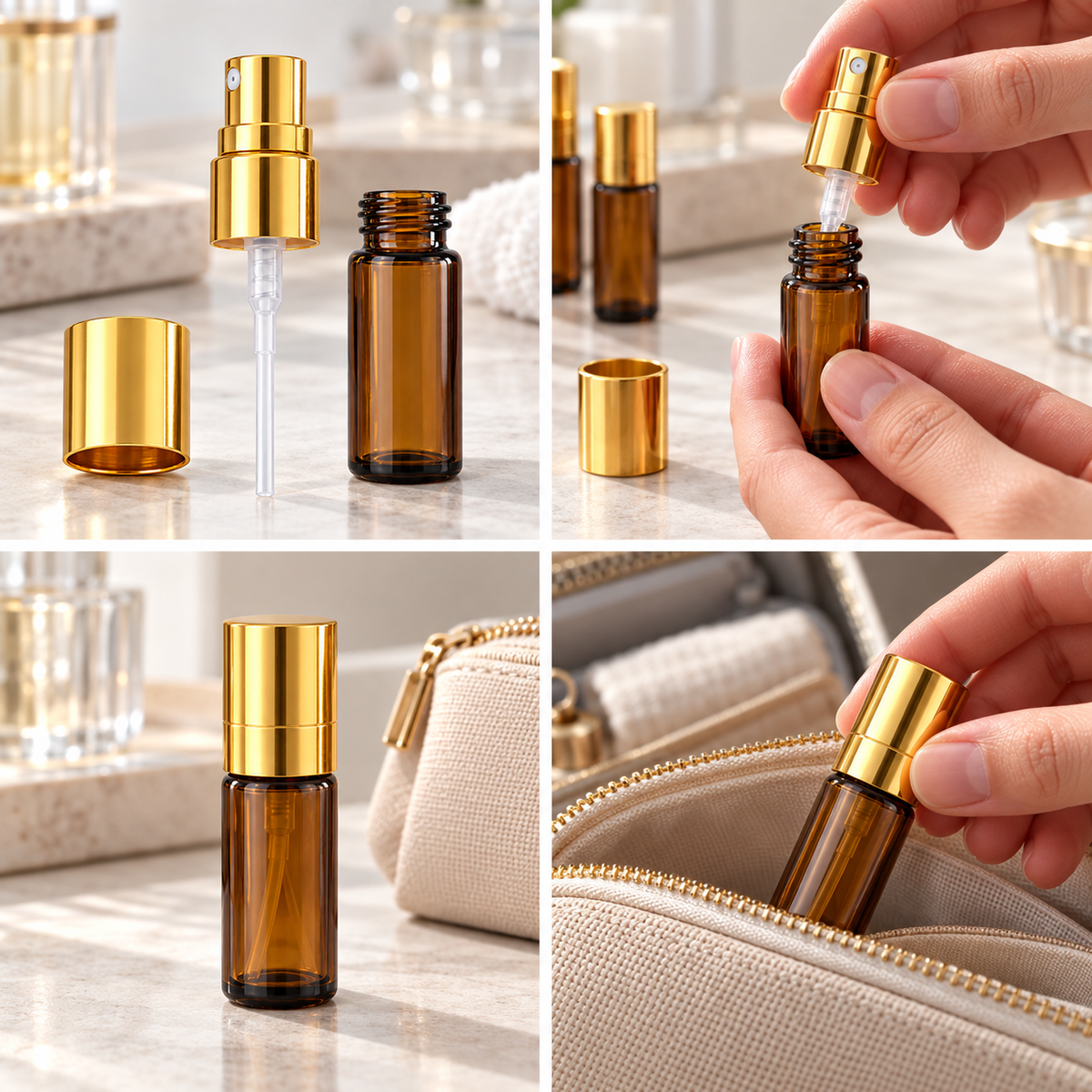 Sticluță ambră cu spray auriu 3 ml, modele de folosire