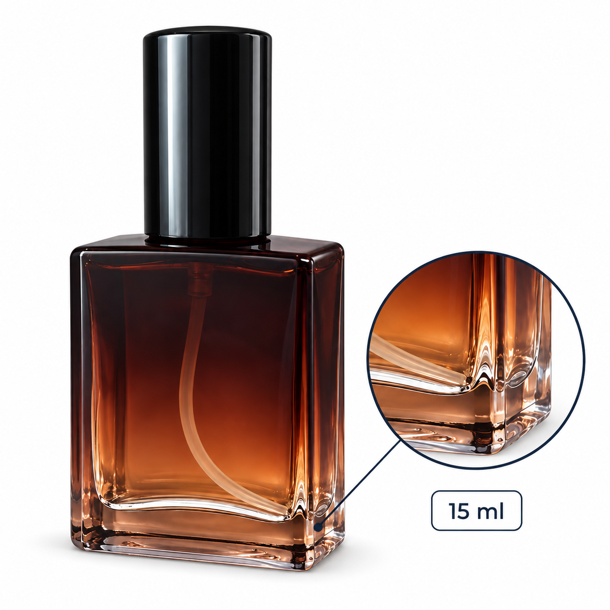 Sticluță de parfum pătrată cu spray și capac negru, 15 ml - ambră, dimensiuni - CraftUp