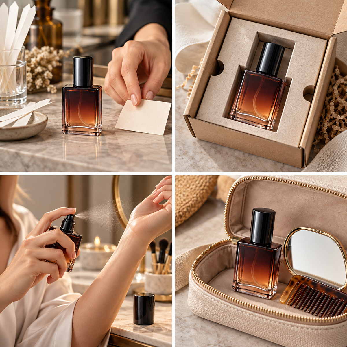 Sticluță de parfum pătrată cu spray și capac negru, 15 ml - ambră, detalii - CraftUp