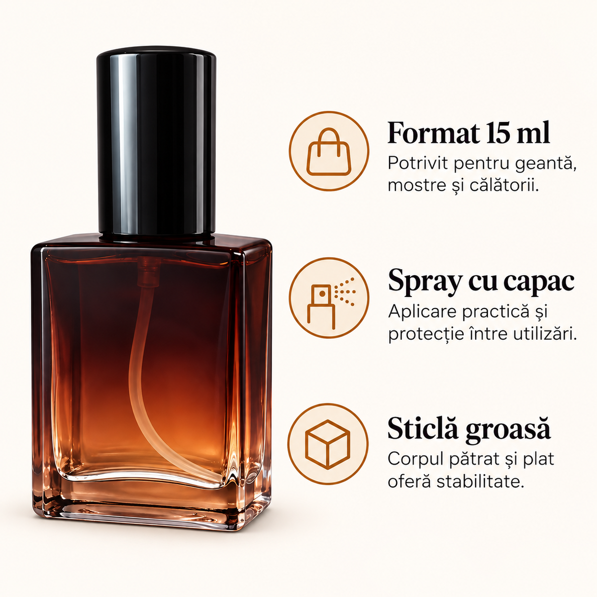 Sticluță de parfum pătrată cu spray și capac negru, 15 ml - ambră, avantaje - CraftUp