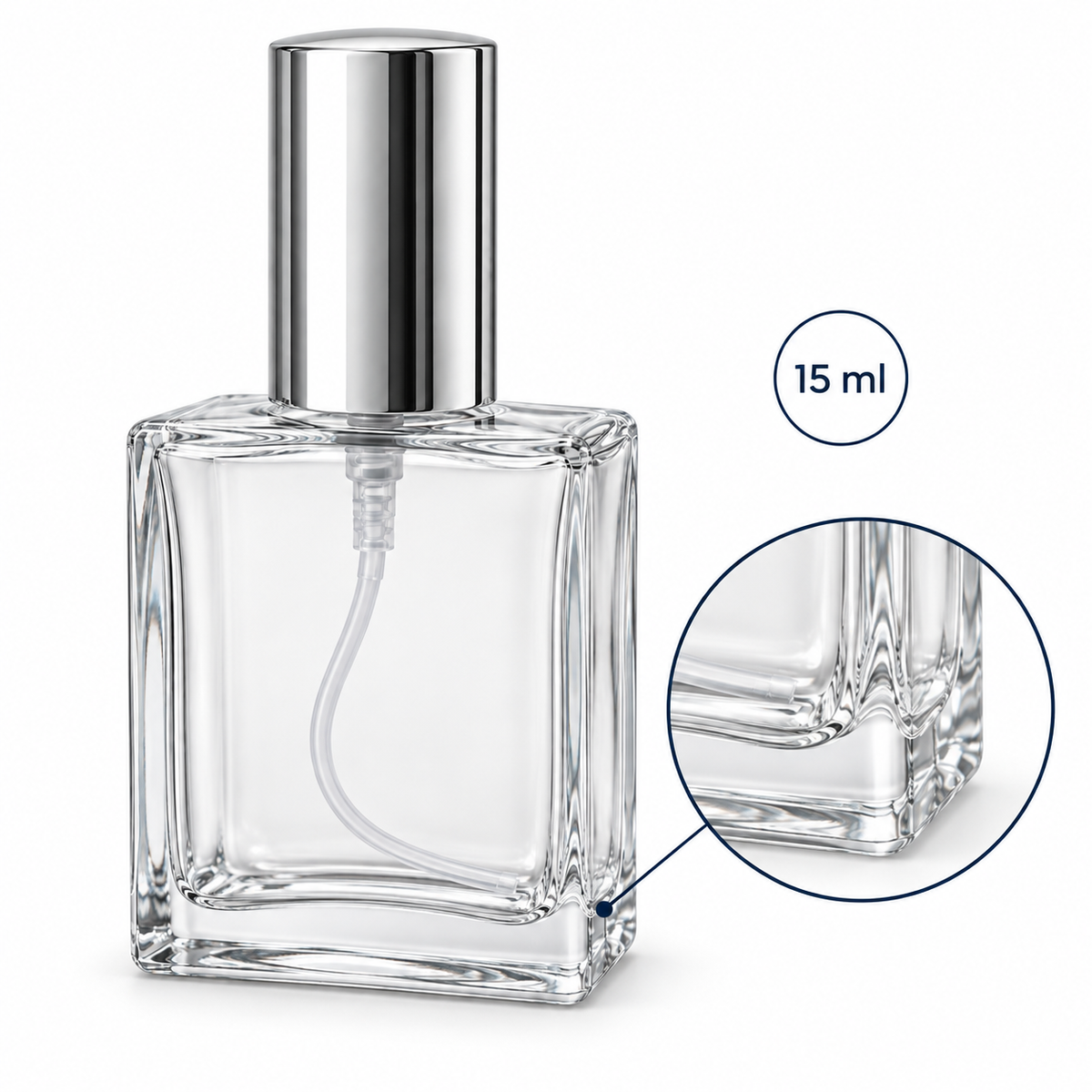 Sticluță de parfum pătrată cu spray și capac argintiu, 15 ml - transparentă, dimensiuni - CraftUp