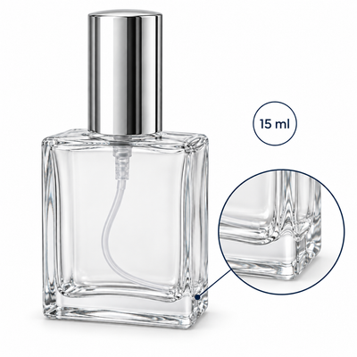 Sticluță de parfum pătrată cu spray și capac argintiu, 15 ml - transparentă, dimensiuni - CraftUp