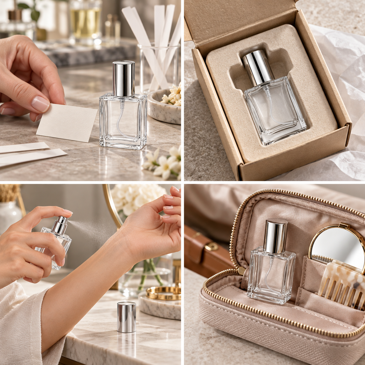 Sticluță de parfum pătrată cu spray și capac argintiu, 15 ml - transparentă, detalii - CraftUp
