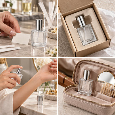 Sticluță de parfum pătrată cu spray și capac argintiu, 15 ml - transparentă, detalii - CraftUp