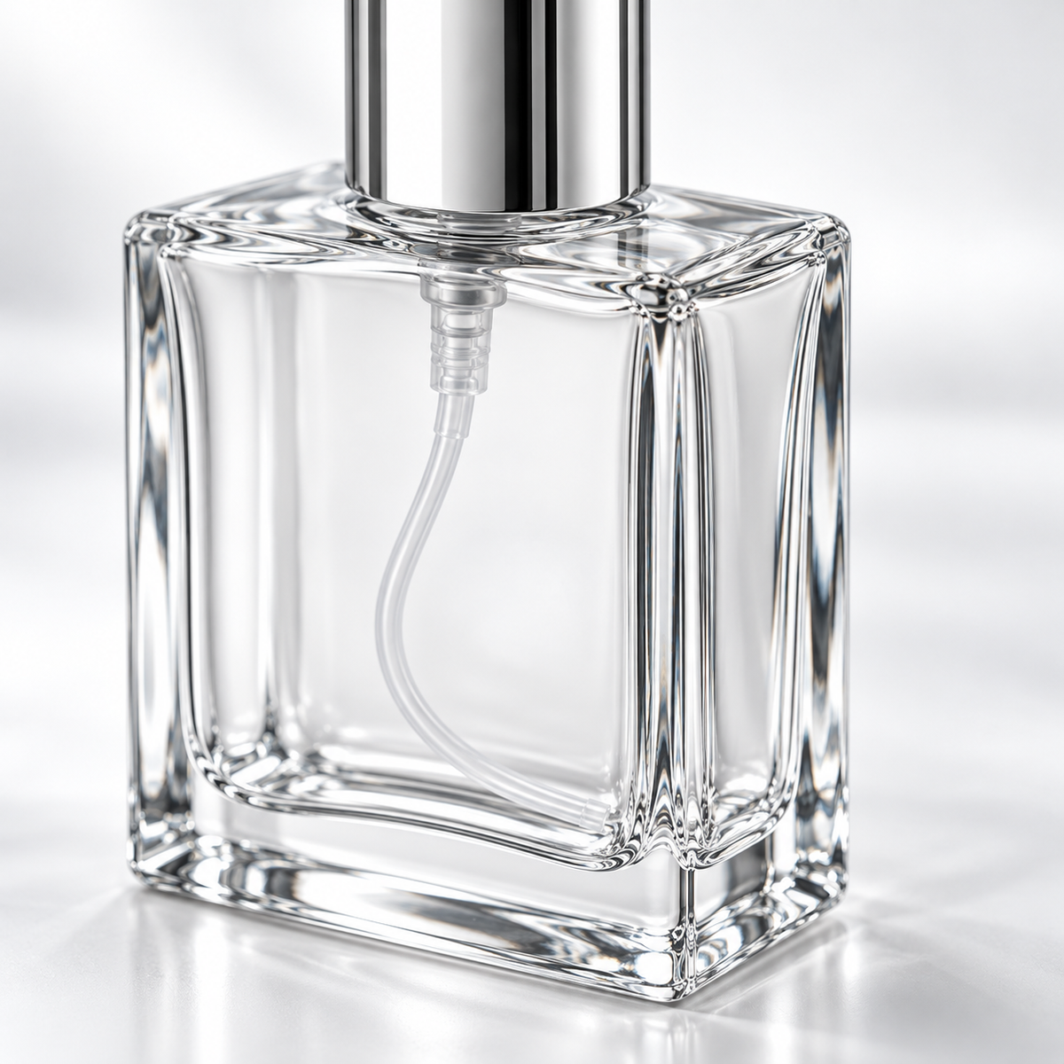 Sticluță de parfum pătrată cu spray și capac argintiu, 15 ml - transparentă, detaliu de aproape - CraftUp