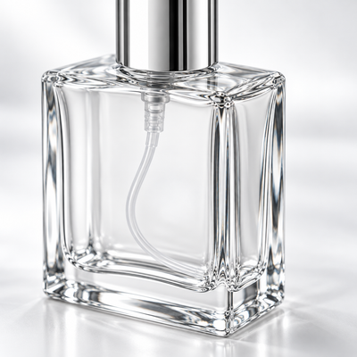 Sticluță de parfum pătrată cu spray și capac argintiu, 15 ml - transparentă, detaliu de aproape - CraftUp