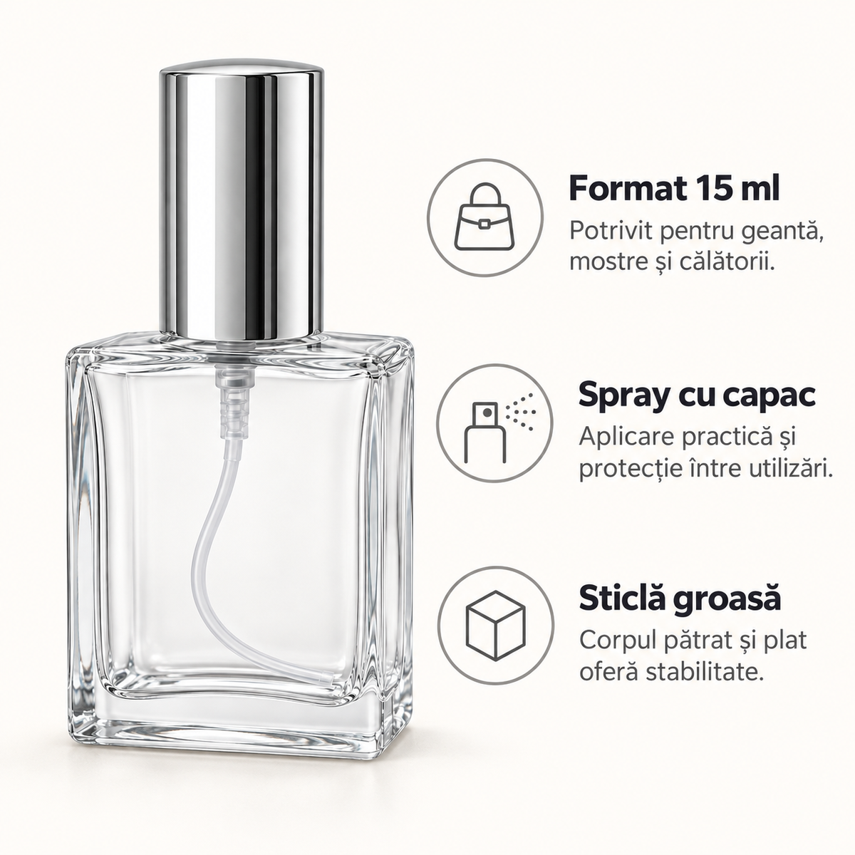 Sticluță de parfum pătrată cu spray și capac argintiu, 15 ml - transparentă, avantaje - CraftUp