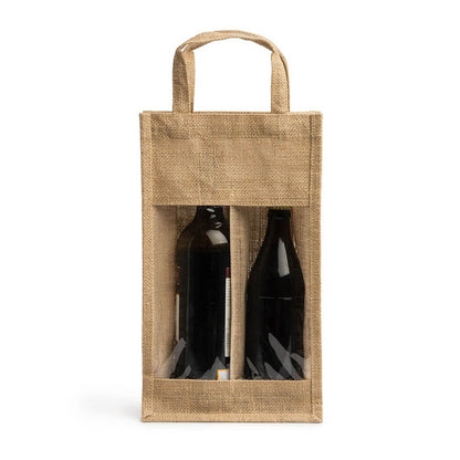 Sacoșă dublă din iută pentru sticle de vin cu fereastră