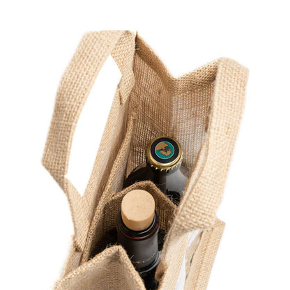 Sacoșă dublă din iută pentru sticle de vin cu fereastră