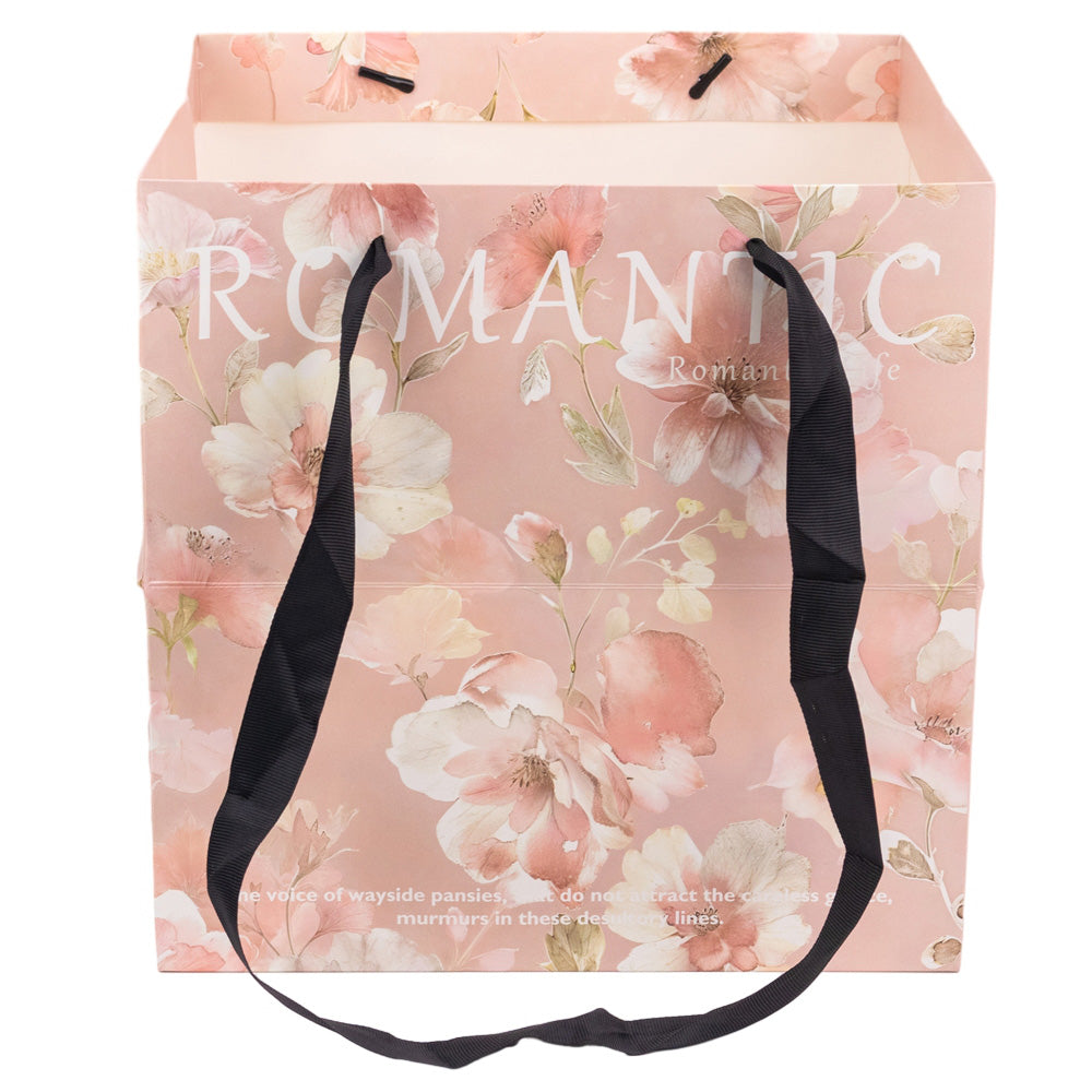 Sacoșă pătrată cu mesaj și mâner textil - roz (set 10 buc) 27.5x27.5cm