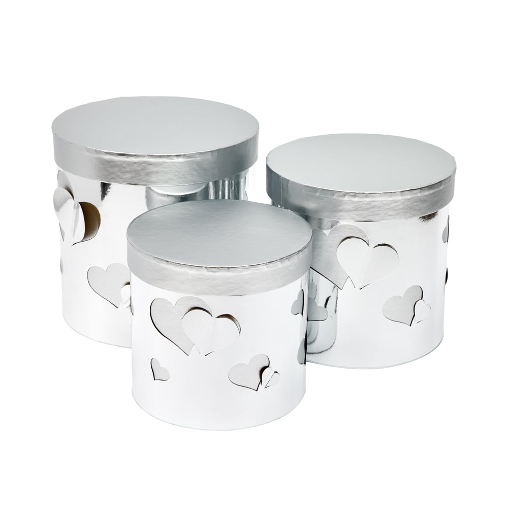 Set 3 cutii rotunde lucioase cu inimi - argintiu 1 - craftup.ro