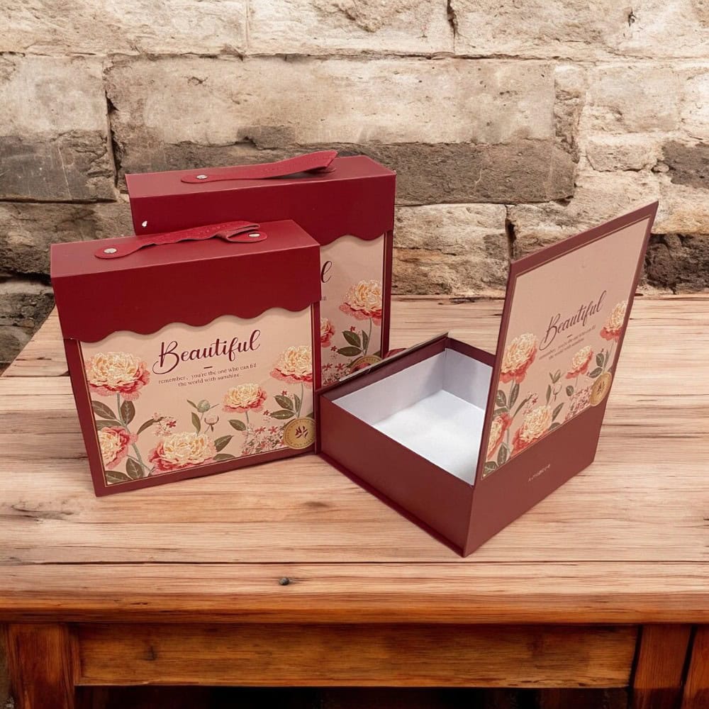 Set 3 cutii stil gentuță pentru cadouri cu mâner - model 1 roșu 3 - craftup.ro