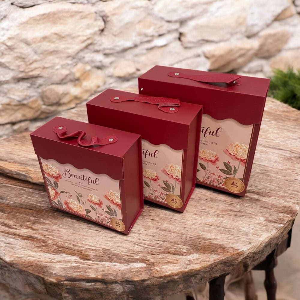 Set 3 cutii stil gentuță pentru cadouri cu mâner - model 1 roșu