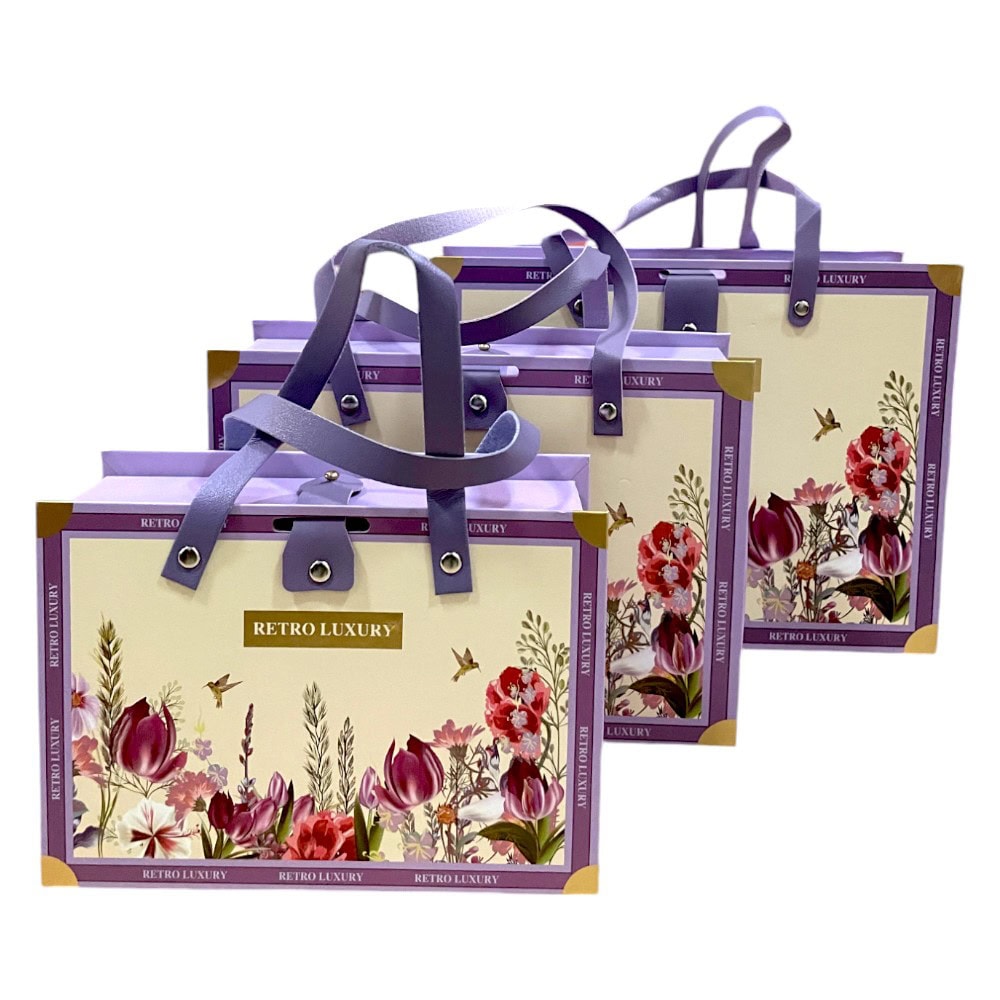Set 3 cutii stil gentuță pentru cadouri cu mâner model retro - mov 1 - craftup.ro