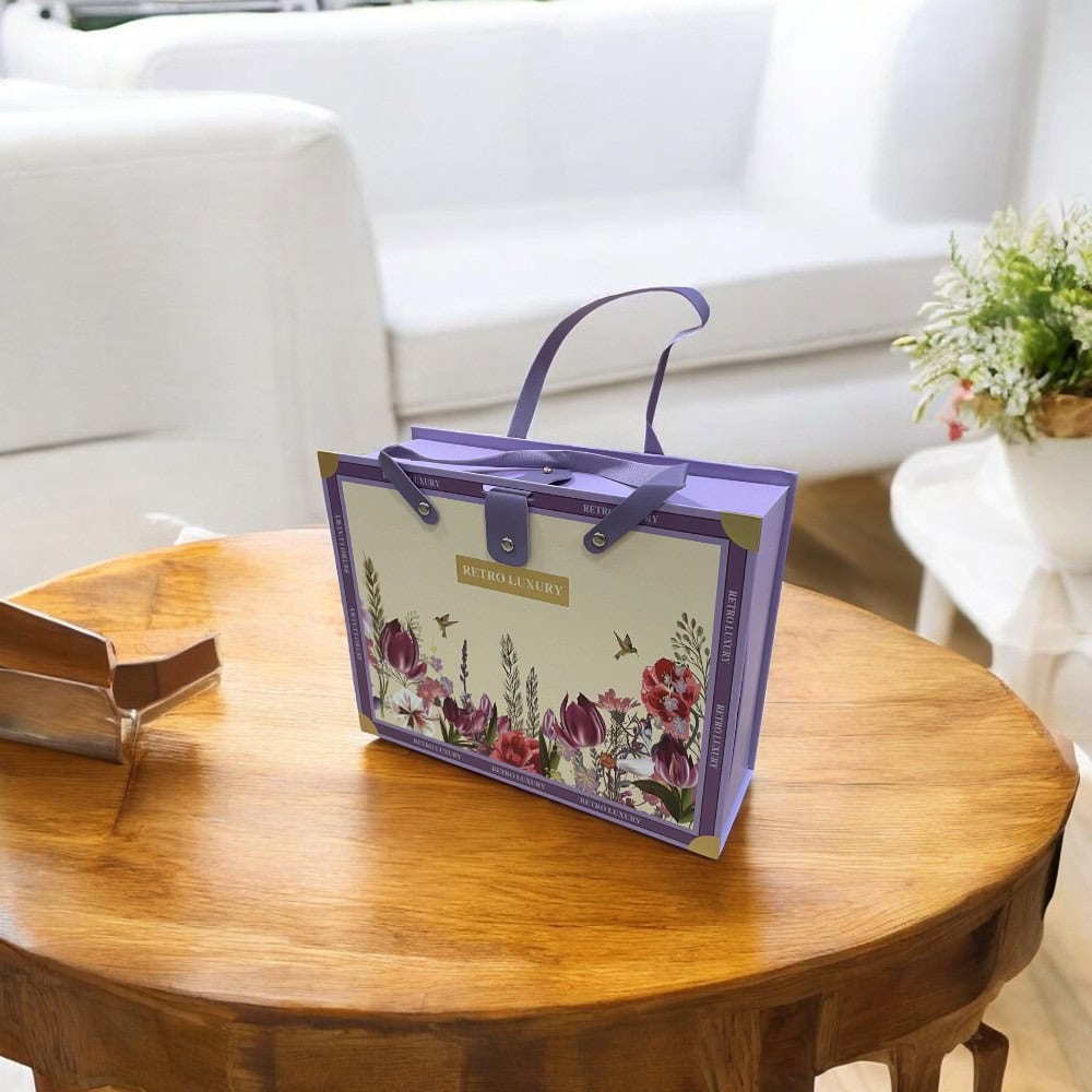 Set 3 cutii stil gentuță pentru cadouri cu mâner model retro - mov 2 - craftup.ro