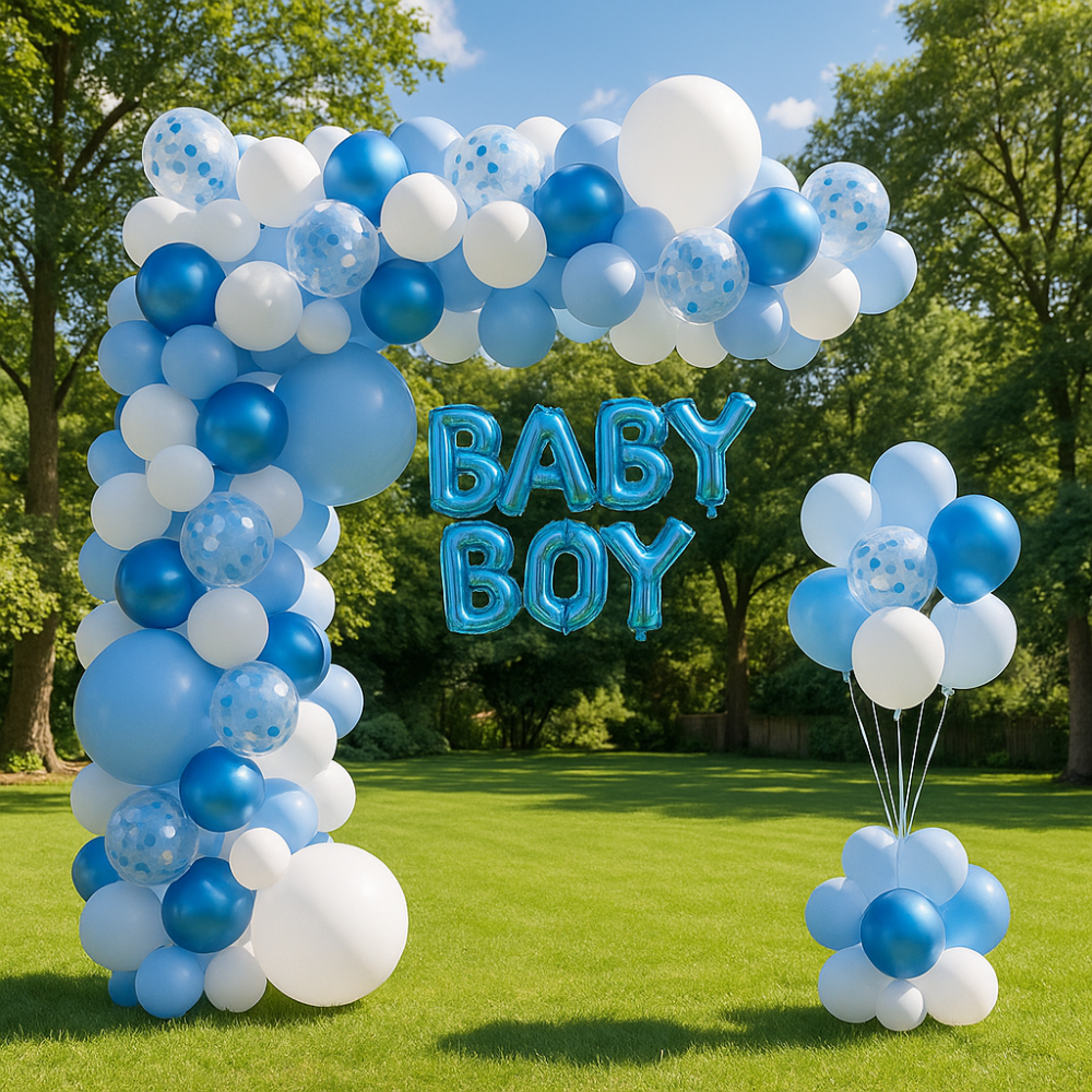 Set 100 baloane stil arcadă cu text Boy - model 4 bleu