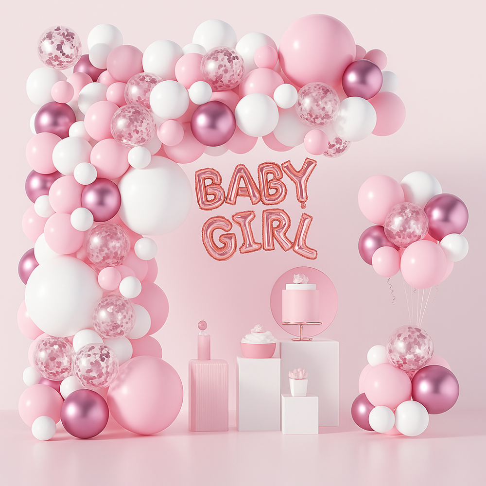 Set 100 baloane stil arcadă cu text Girl - model 5 roz