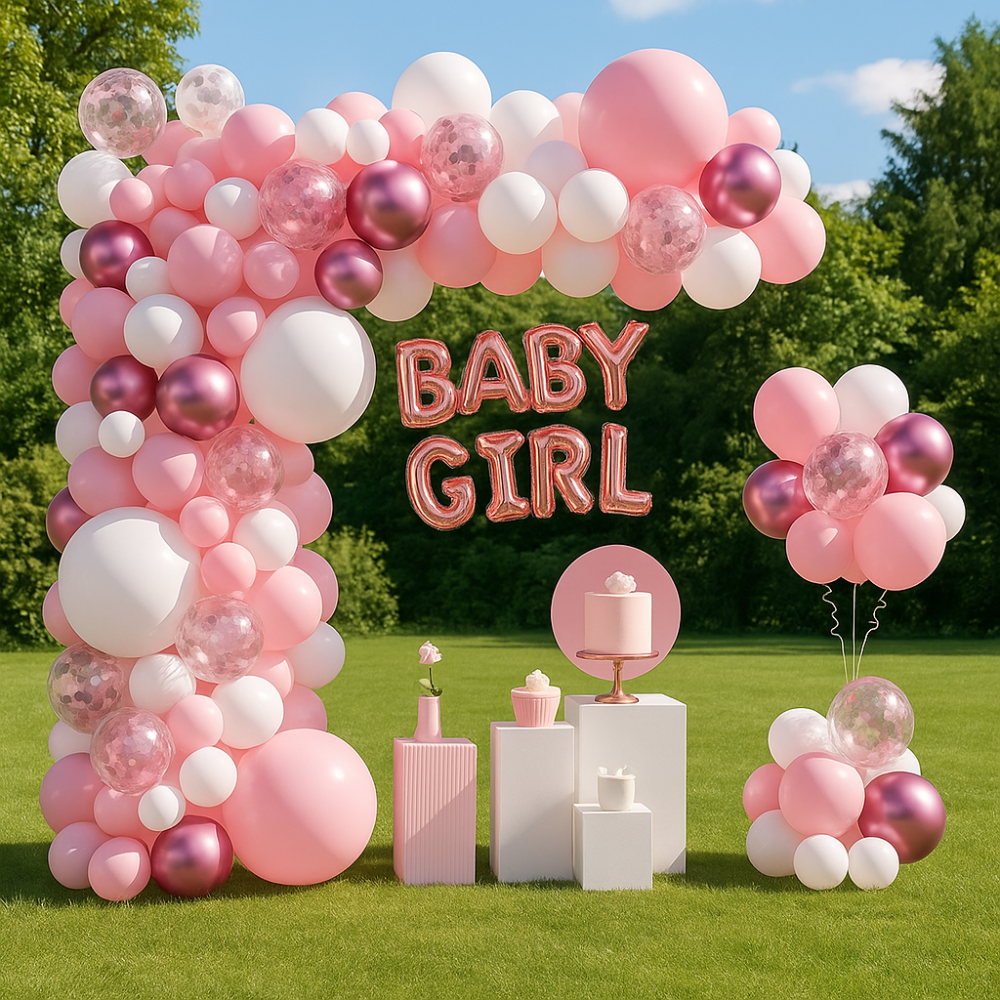 Set 100 baloane stil arcadă cu text Girl - model 5 roz