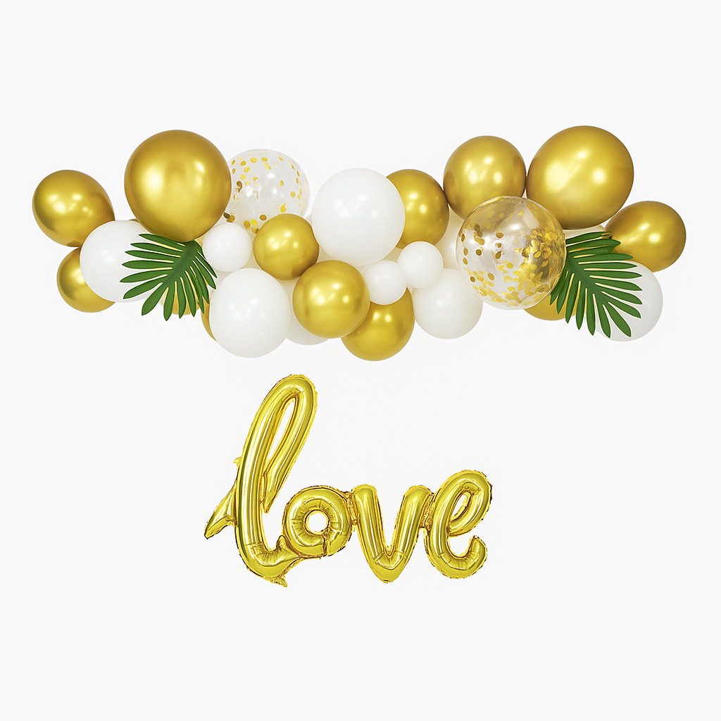 Set 38 baloane stil arcadă cu frunze și text love - model 1 galben și alb