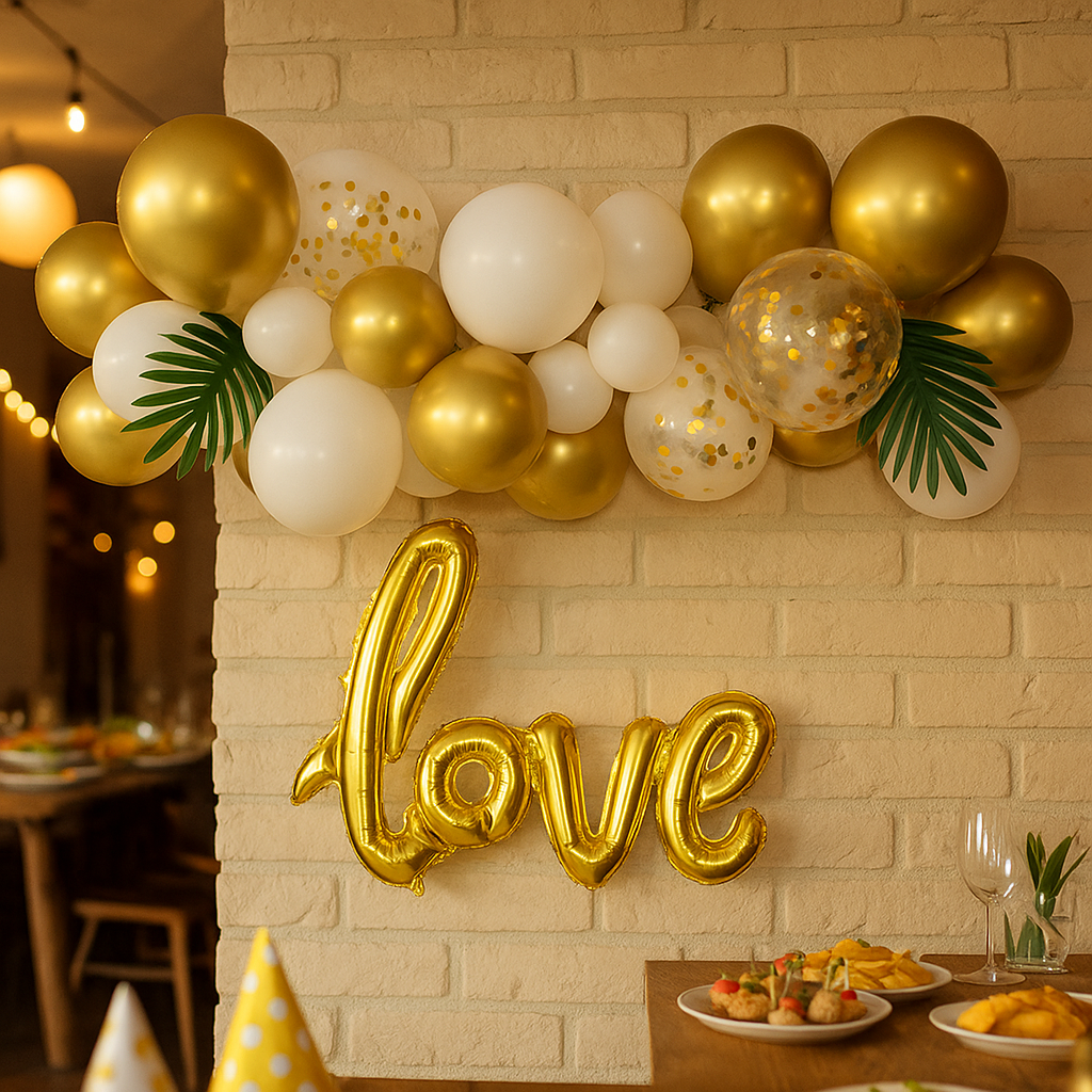 Set 38 baloane stil arcadă cu frunze și text love - model 1 galben și alb