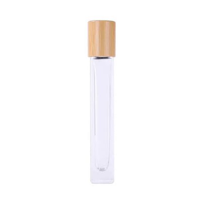 Sticluță pătrată transparentă cu roll-on metalic și capac bambus 1 - craftup.ro
