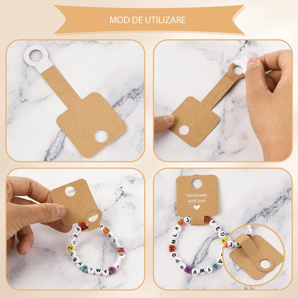 Suport dreptunghiular cu adeziv și mesaj Handmade with love - kraft (set 100 buc) 3 - craftup.ro