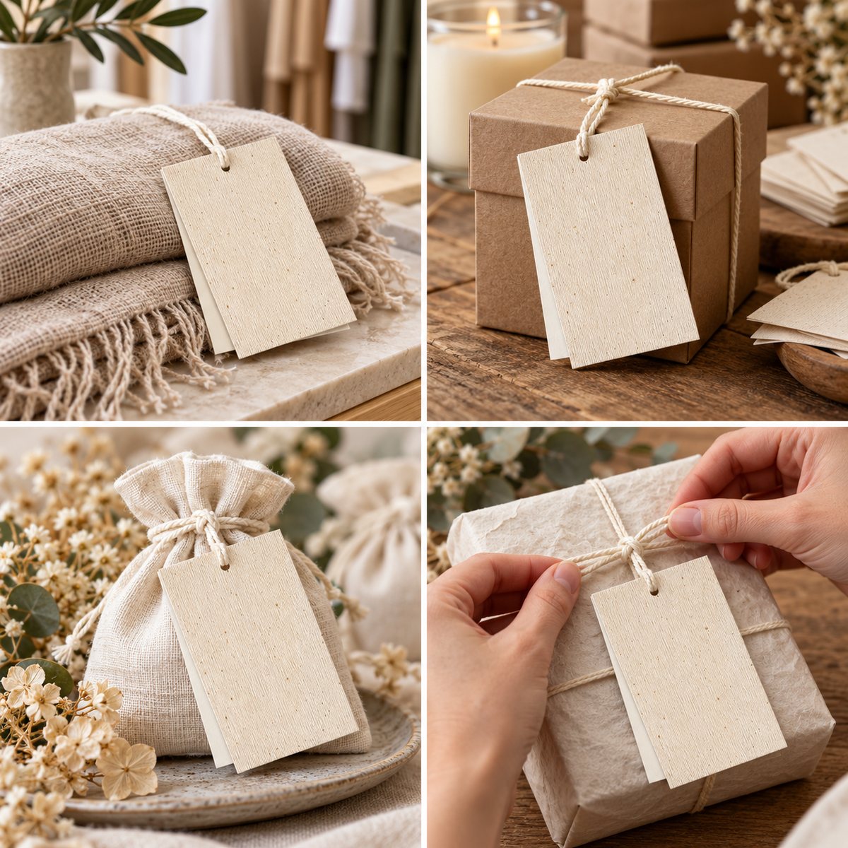 Etichete din carton cu față din pânză și șnur de bumbac - crem (set 100 buc), detalii - CraftUp