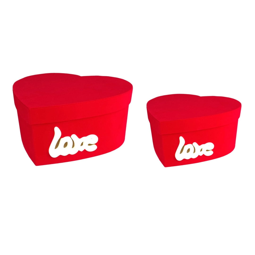 Set 2 cutii inimă catifelate Love luminat - roșu