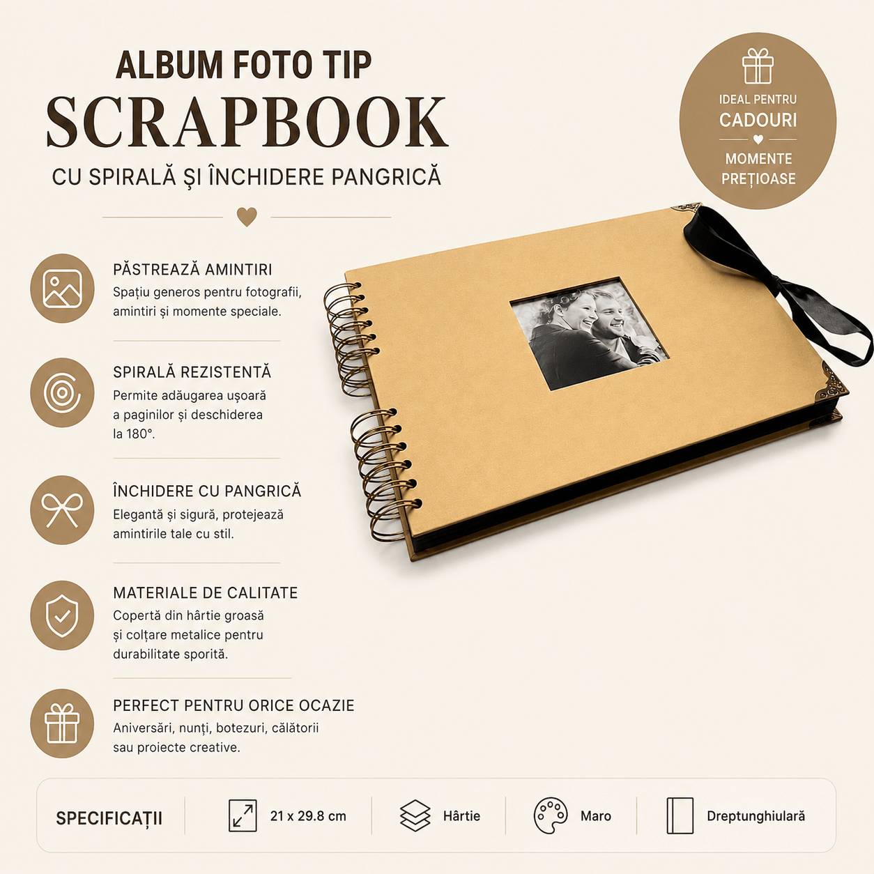 Album Foto Tip Scrapbook cu Spirală și Închidere Panglică - CraftUp