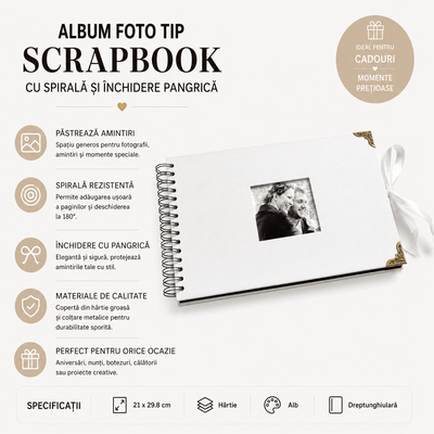 Album Foto Tip Scrapbook cu Spirală și Închidere Panglică - CraftUp
