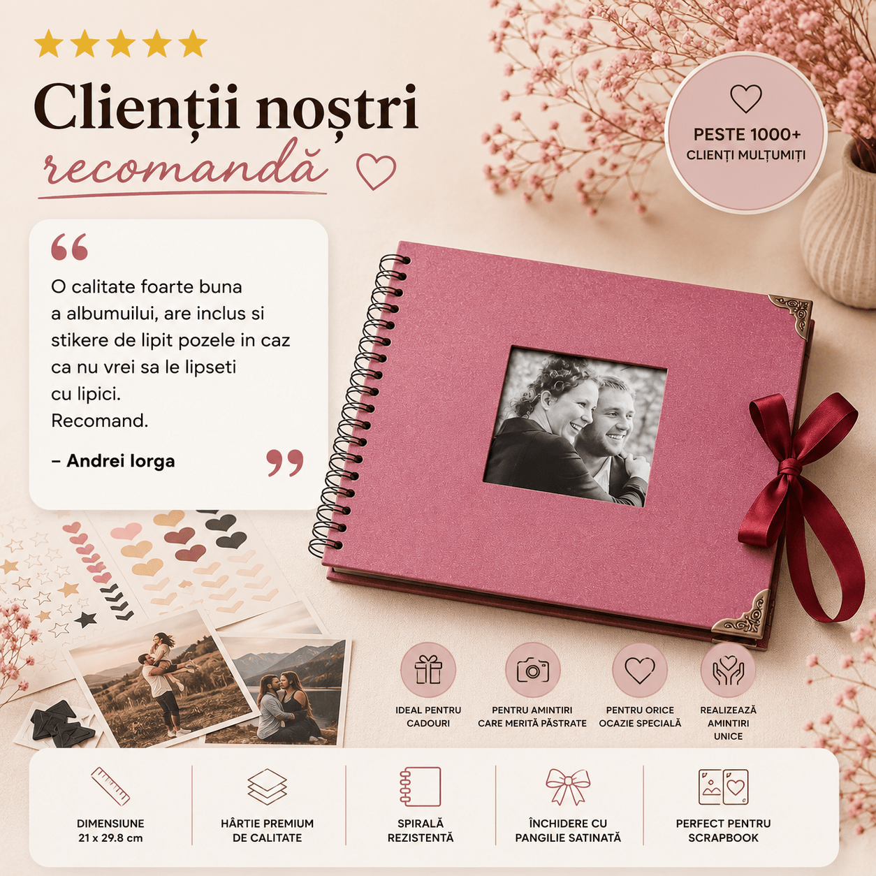 Album Foto Tip Scrapbook cu Spirală și Închidere Panglică - CraftUp