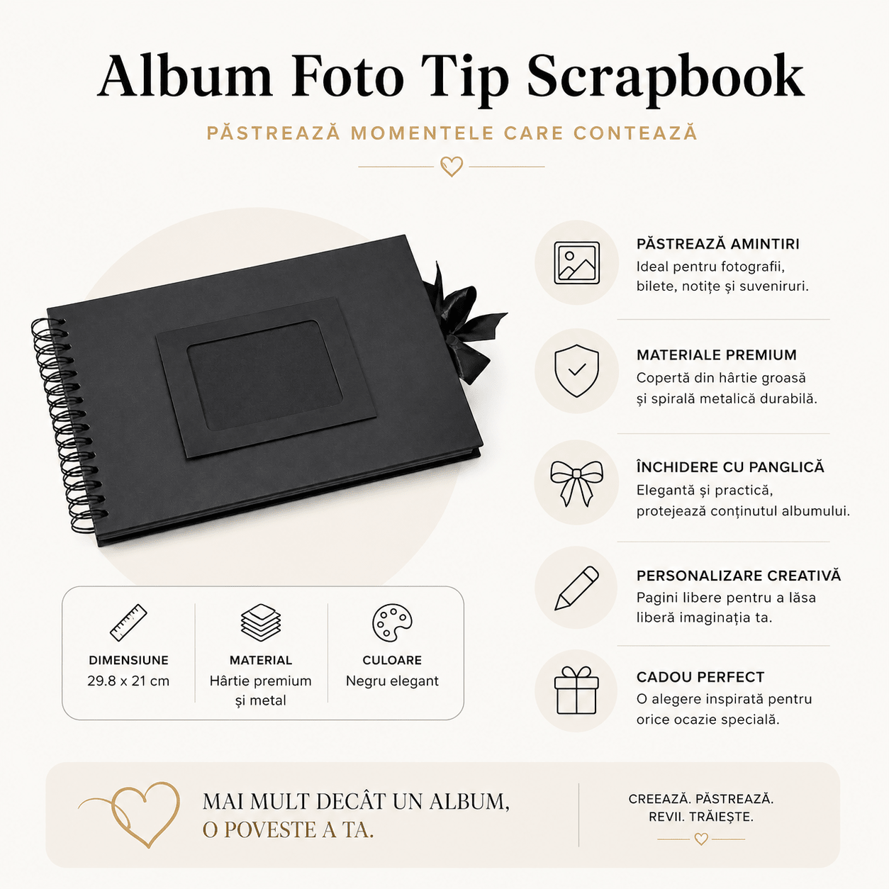 Album Foto Tip Scrapbook cu Spirală și Închidere Panglică - CraftUp