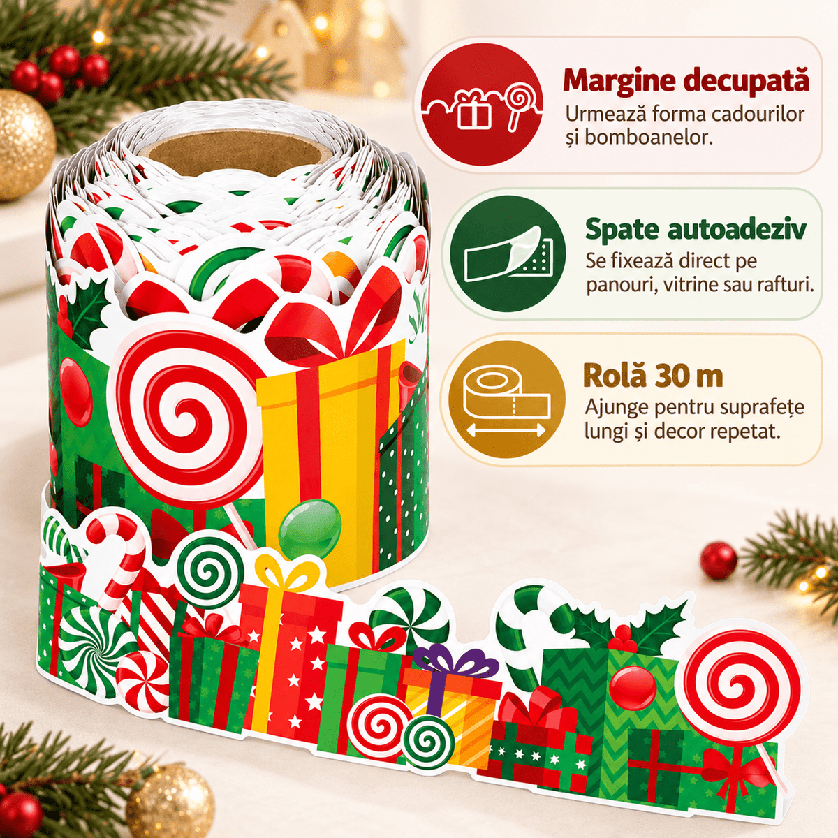 Bandă decorativă autoadezivă de Crăciun cu cadouri și bomboane - multicolor (30 m) - CraftUp