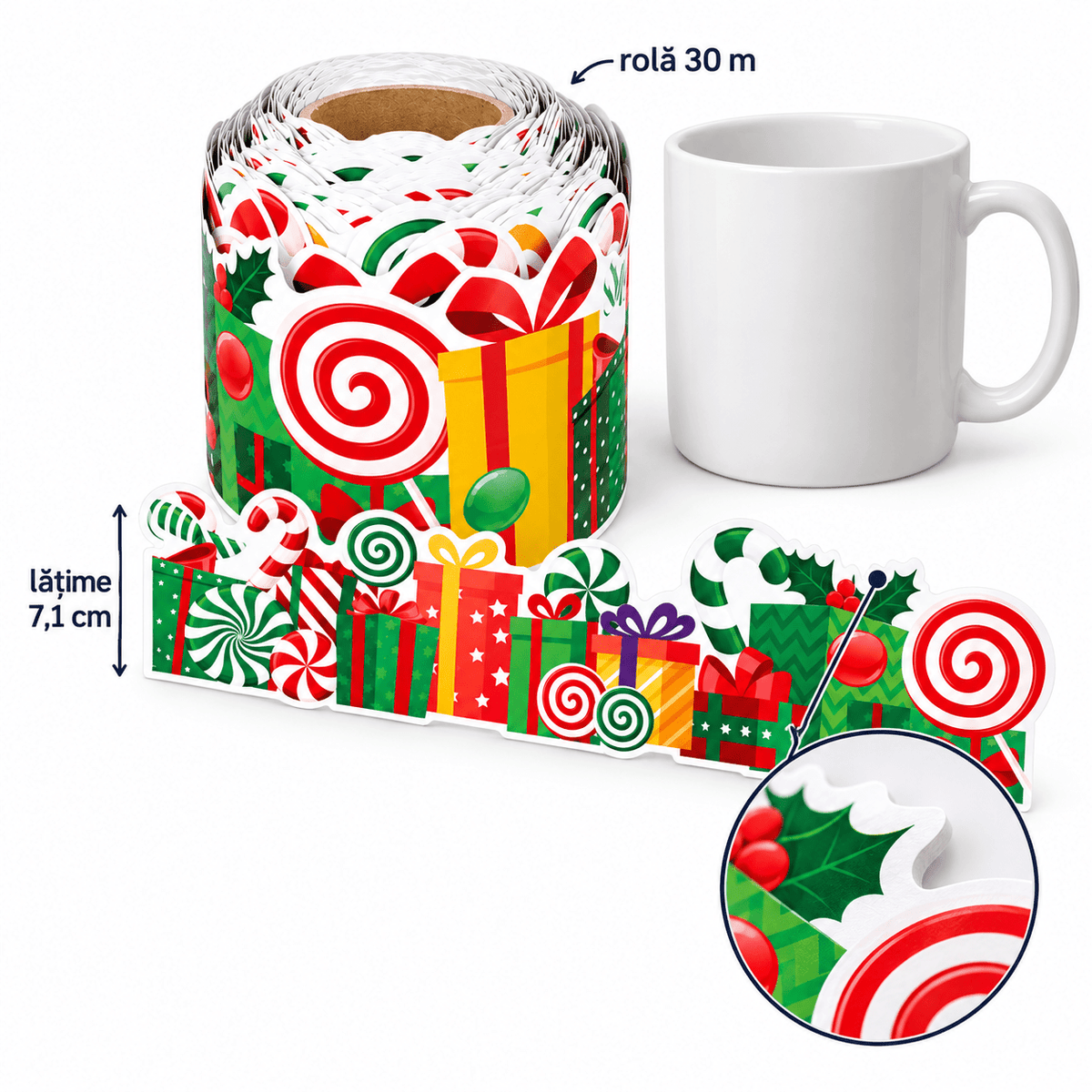 Bandă decorativă autoadezivă de Crăciun cu cadouri și bomboane - multicolor (30 m) - CraftUp