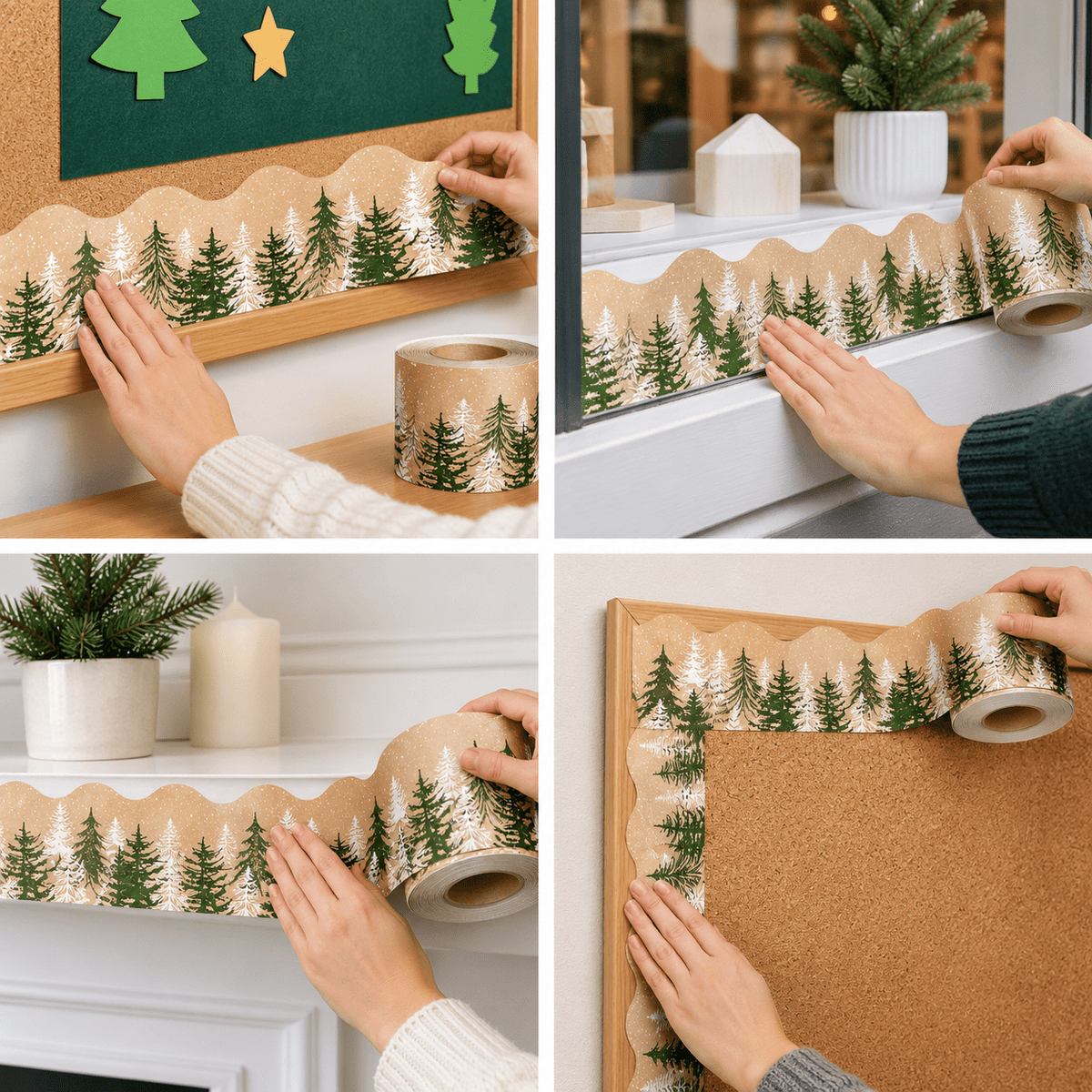 Bandă decorativă autoadezivă de Crăciun cu pădure de brazi - bej (30 m) - CraftUp