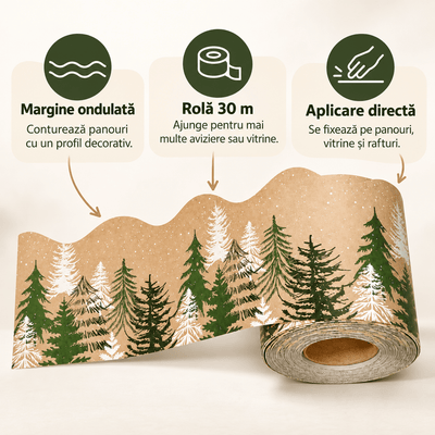 Bandă decorativă autoadezivă de Crăciun cu pădure de brazi - bej (30 m) - CraftUp
