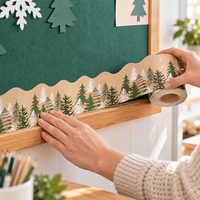 Bandă decorativă autoadezivă de Crăciun cu pădure de brazi - bej (30 m) - CraftUp