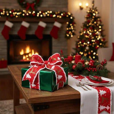 Bandă decorativă Crăciun cu frunze și margine pufoasă - CraftUp