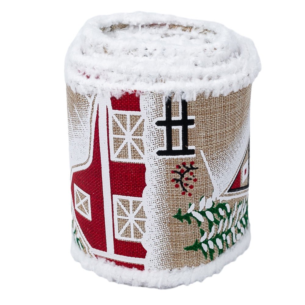 Bandă decorativă Crăciun cu sat de iarnă și margine pufoasă - CraftUp