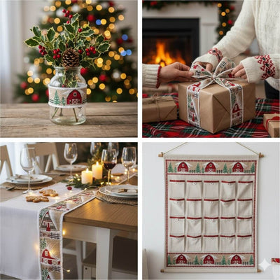 Bandă decorativă Crăciun cu sat de iarnă și margine pufoasă - CraftUp