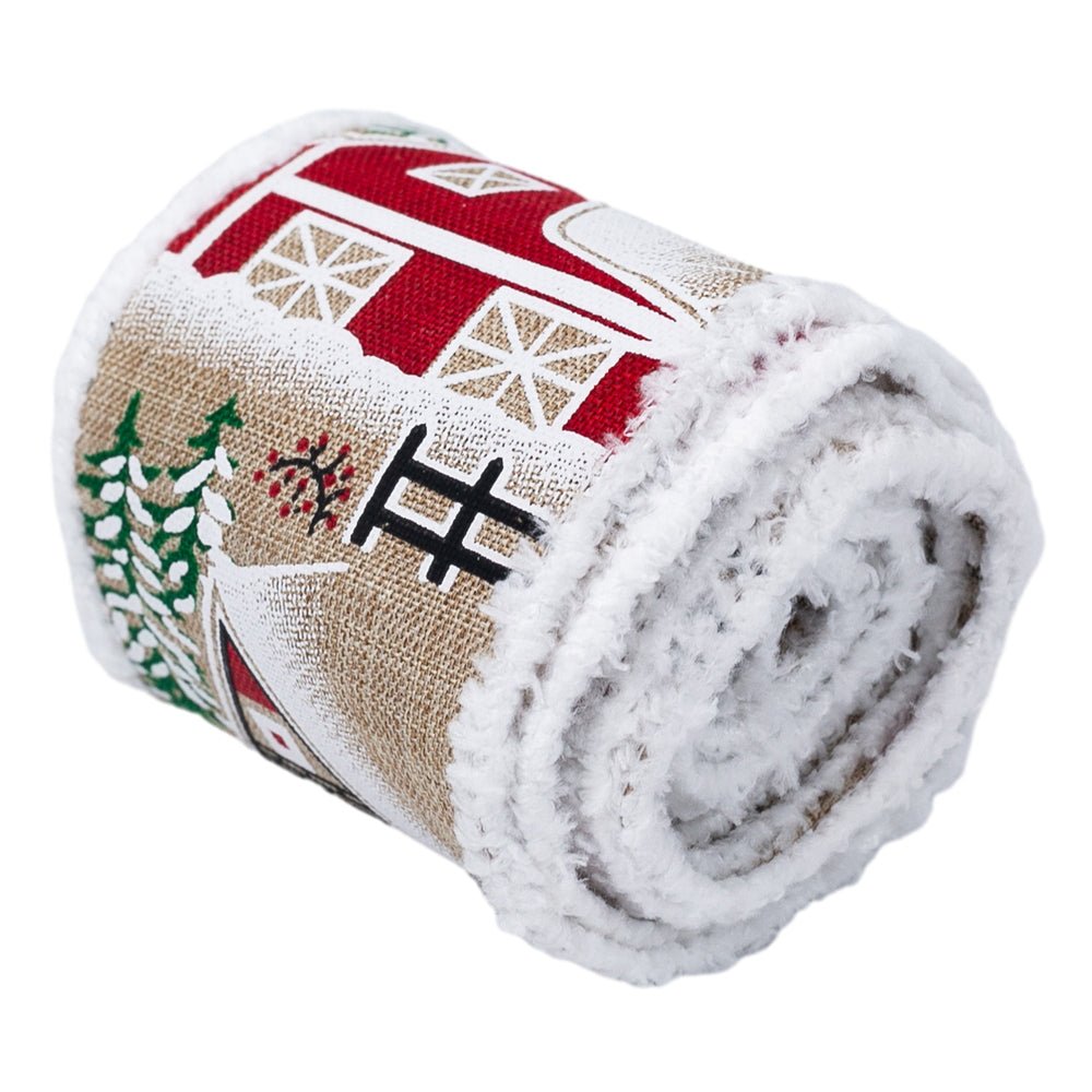 Bandă decorativă Crăciun cu sat de iarnă și margine pufoasă - CraftUp