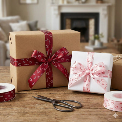 Bandă textilă cu mesaj "LOVE" și inimi (set 8 role) - CraftUp