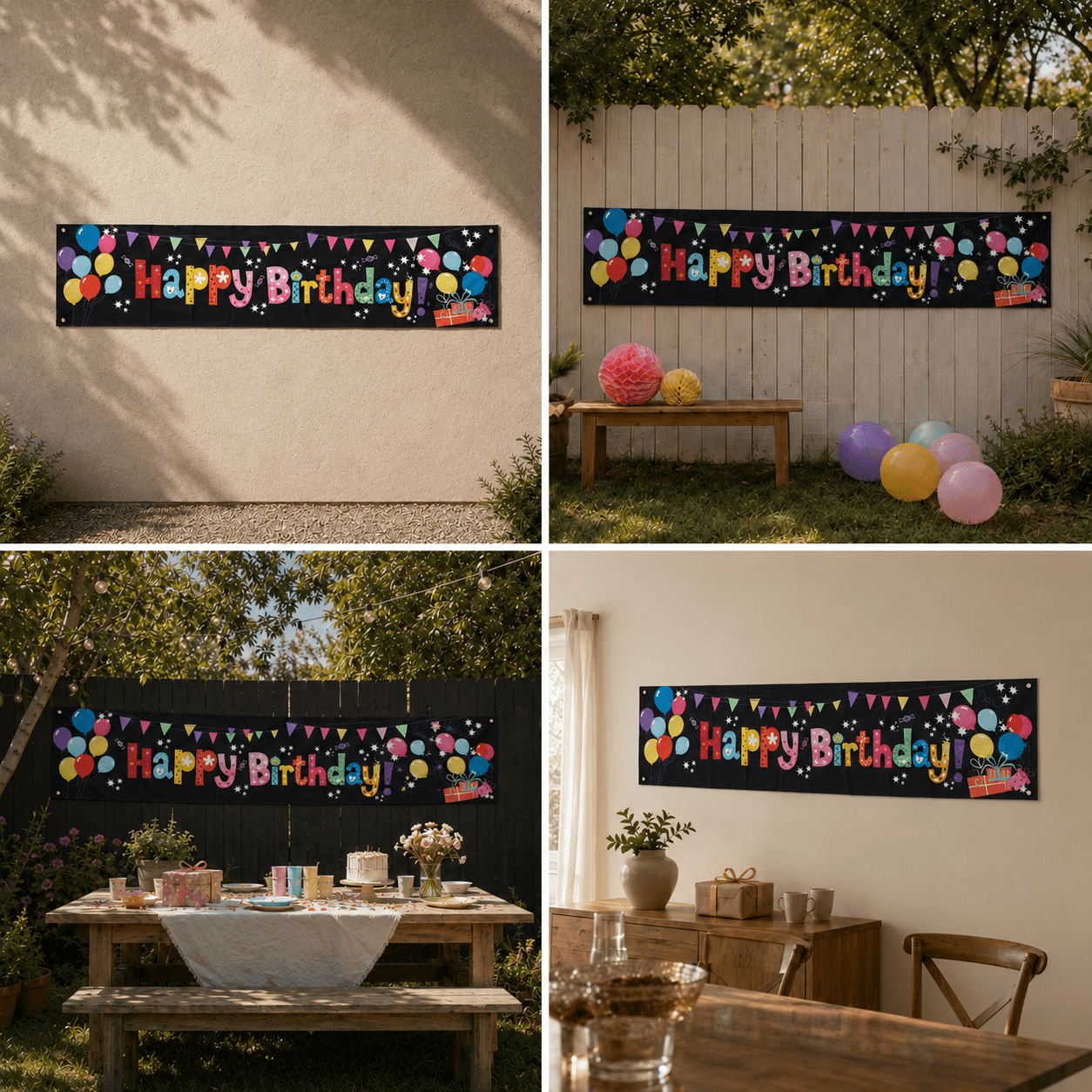 Banner aniversar cu imprimeu Happy Birthday colorat și baloane - CraftUp